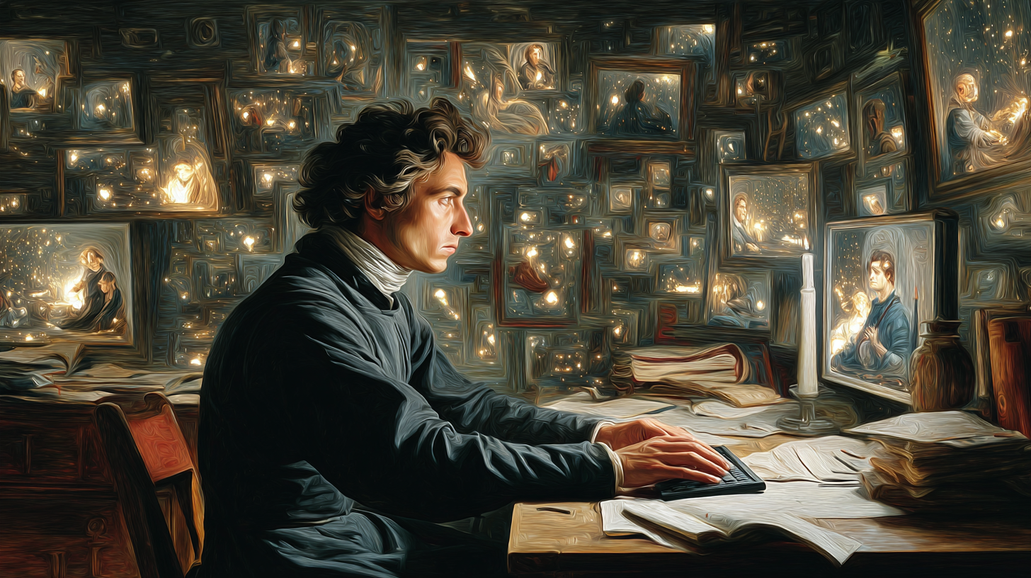 A man in 19th-century attire typing on a modern computer keyboard, surrounded by glowing framed paintings in a Van Gogh impressionist style.