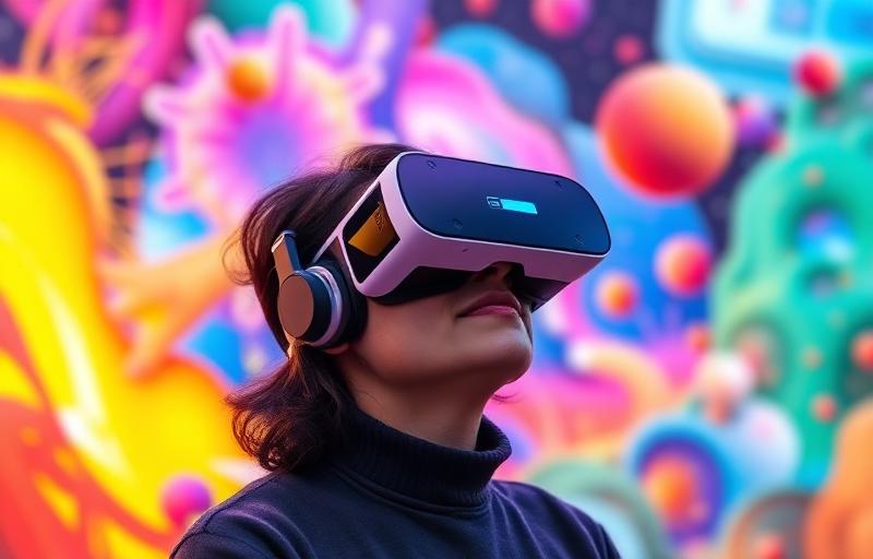 A person wearing a VR headset against a vibrant, surreal backdrop of colorful abstract shapes and swirling patterns.