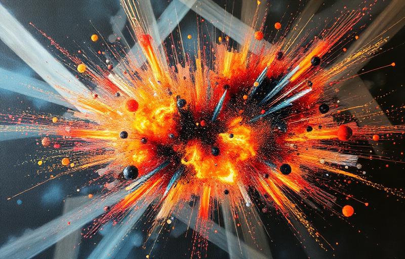 Dynamic abstract explosion of orange and red paint splatters with dark spheres against a backdrop of crossing light beams.