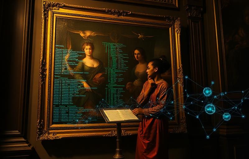 A woman in a red gown stands before a classical oil painting overlaid with glowing digital data and neural network graphics.