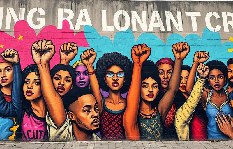 A colorful mural depicts a diverse group of people raising their fists in solidarity against a vibrant, stylized background.